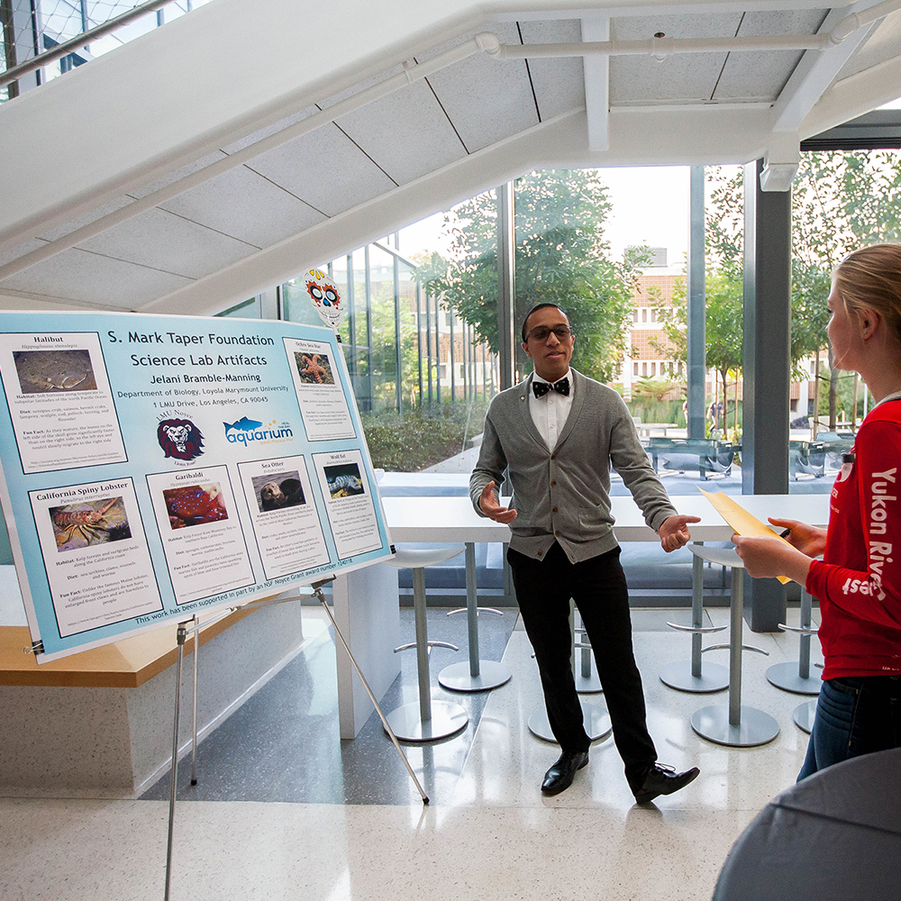 student presents posterboard project to another student